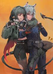 1boy 1girl absurdres animal_ears black_gloves black_hair cat_boy cat_ears cat_tail crop_top gloves gun hair_between_eyes high-waist_shorts highres holding holding_gun holding_weapon jacket jane_doe_(zenless_zone_zero) looking_at_another mouse_ears mouse_girl mouse_tail multicolored_hair open_mouth ryu7599 seth_lowell short_hair shorts simple_background tail weapon white_hair zenless_zone_zero