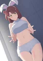 Rule 34 | 1girl, absurdres, animal ears, bare arms, bare legs, blurry, blurry background, blush, breasts, fingernails, hair bun, highres, leotard, lifting own clothes, looking at viewer, love live!, love live! nijigasaki high school idol club, medium breasts, midriff, navel, orange hair, playboy bunny, rabbit ears, short shorts, shorts, single side bun, smile, thighs, tile wall, tiles, uehara ayumu, yellow eyes, zasshoku ojisan