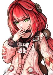 1girl absurdres andrewaprilio green_eyes headphones highres light_smile long_hair pink_shirt red_hair shirt signature solo sweater twintails ukinami_yuzuha white_background zenless_zone_zero