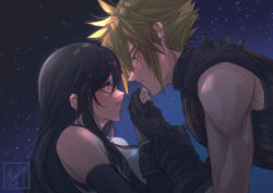 Rule 34 | 1boy, 1girl, bare shoulders, black gloves, black hair, blonde hair, blue eyes, breasts, closed mouth, cloud strife, commentary, couple, crop top, earrings, elbow gloves, eye contact, final fantasy, final fantasy vii, final fantasy vii rebirth, final fantasy vii remake, fingerless gloves, from side, gloves, hair behind ear, hair between eyes, hetero, holding hands, jewelry, large breasts, light blush, long hair, looking at another, looking at viewer, miyukiko, night, night sky, profile, red eyes, short hair, sidelocks, signature, sky, sleeveless, sleeveless turtleneck, spiked hair, star (sky), starry sky, stud earrings, suspenders, sweater, tank top, tifa lockhart, turtleneck, turtleneck sweater, upper body, white tank top