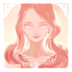 1girl border closed_mouth collarbone earrings eyelashes gem highres jewelry lips long_hair looking_at_viewer mismatched_pupils monochrome oka-easelandshiro original parted_bangs pink_theme smile solo