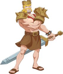 1boy absurdres armor barbarian barbarian_king blonde_hair brown_sandals brown_skirt clash_of_clans crown facial_hair full_body gauntlets grin highres holding holding_sword holding_weapon looking_at_viewer mustache non-web_source official_art pauldrons sandals shoulder_armor simple_background single_pauldron skirt smile sword transparent_background weapon