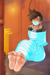 1girl arms_behind_back bdsm bondage bound bound_arms foot_focus gag gagged lost_one_zero mature_female nail_polish toe_nails toenail_polish toenails tracer_(overwatch)