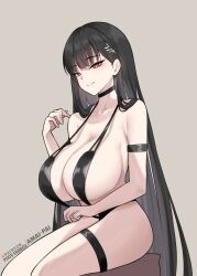 1girl absurdres amai-pai black_choker black_hair black_slingshot_swimsuit blue_archive breasts choker commentary_request grey_background highres huge_breasts long_hair patreon_username red_eyes rio_(blue_archive) sideboob simple_background sitting slingshot_swimsuit smile solo swimsuit thigh_strap very_long_hair