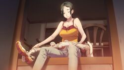 1girl architecture asymmetrical_bangs bare_shoulders black_hair blue_pants bottle breasts chair cleavage closed_mouth collar collarbone dining_room east_asian_architecture exoskeleton fukuda_tomonori game_cg grey_eyes hair_ornament hairpin highres holding holding_exoskeleton irei_mizuka lace-trimmed_collar lace-trimmed_tank_top lace_trim long_hair looking_down medium_breasts narrowed_eyes night non-web_source official_art pants ponytail porch prosthesis red_collar robotics;notes sitting sliding_doors smile solo sunlight table tank_top water_bottle