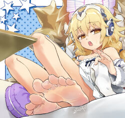 1girl bare_shoulders barefoot blonde_hair commentary_request dress fate/grand_order fate_(series) feet flat_chest foot_focus foreshortening headphones highres jeanne_d&#039;arc_(fate) long_hair looking_at_viewer metatron_jeanne_(fate) metatron_jeanne_(second_ascension)_(fate) open_mouth presenting_foot rori_chuushin sitting soles solo toes twintails white_dress yellow_eyes