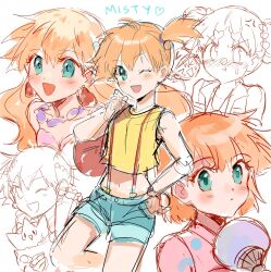 1girl ash_ketchum asymmetrical_hair blush denim denim_shorts earrings eyelashes fan gen_2_pokemon green_eyes gym_leader hair_between_eyes hair_tie highres japanese_clothes jewelry kash-phia kimono long_hair mermaid_misty_(pokemon) misty_(pokemon) navel nintendo one_eye_closed open_mouth orange_hair pokemon pokemon_(anime) pokemon_(classic_anime) pokemon_ep020 ponytail robe shirt short_hair short_shorts shorts side_ponytail suspenders tank_top togepi wink yellow_shirt yellow_tank_top