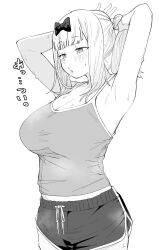 1girl absurdres armpits bare_arms blunt_bangs blush bow breasts camisole commentary_request cowboy_shot dolphin_shorts fujiwara_chika greyscale hair_bow highres kaguya-sama_wa_kokurasetai_~tensai-tachi_no_renai_zunousen~ large_breasts midriff_peek monochrome parted_lips re:ankh shorts simple_background solo standing sweat translated tying_hair white_background