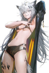 1girl absurdres animal_ears arknights armpits bikini black_bikini black_jacket black_nails breasts commentary drive_shot english_commentary grey_eyes grey_hair grin hair_between_eyes hair_ornament hairclip highres jacket lappland_(arknights) long_hair looking_at_viewer medium_breasts multi-strapped_bikini_bottom navel open_clothes open_jacket scar scar_across_eye scar_on_face simple_background smile solo spread_armpit sweat swimsuit tail white_background wolf_ears wolf_girl wolf_tail