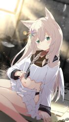 1girl angel_wings animal_ear_fluff animal_ears black_panties black_sailor_collar blonde_hair blush braid breasts cat_ears chain chain_leash collar commission feathers flower green_eyes hair_between_eyes hair_flower hair_ornament highres leash light_rays long_hair long_sleeves looking_at_viewer midriff navel original panties pleated_skirt red_collar sailor_collar school_uniform serafuku shiro9jira shirt sitting skeb_commission skirt solo sunlight underwear wariza white_shirt white_skirt wings wolf_ears