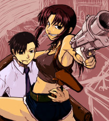 1boy 1girl belt beretta_92 black_lagoon c-mild_(kenki) cigarette crop_top cutoffs denim denim_shorts foreshortening grin gun handgun holster lap looking_back midriff okajima_rokuro pistol revy_(black_lagoon) semi-automatic_pistol shorts shoulder_holster smile smoking weapon