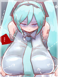 ... 1girl alternate_breast_size arrow_(symbol) blue_eyes blue_hair blue_necktie border breasts closed_mouth collared_shirt commentary_request dated frown grey_background grey_border grey_shirt hatsune_miku headset highres huge_breasts itini-sanshi long_hair looking_at_viewer necktie shaded_face shirt sleeveless sleeveless_shirt solo spoken_ellipsis twintails upper_body vocaloid