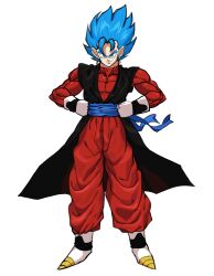 Rule 34 | 1boy, black coat, blue eyes, blue hair, bodysuit, coat, dougi, dragon ball, dragon ball heroes, full body, gloves, highres, male focus, medium hair, nanhui aria, pants, red bodysuit, red pants, simple background, skin tight, sleeveless, sleeveless coat, solo, spiked hair, super saiyan, super saiyan blue, vegetto, white background, white gloves