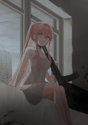 1girl aek-971 arm_at_side arm_support assault_rifle bare_legs bare_shoulders black_choker blood blood_stain breasts building chihuri choker cloud cloudy_sky collarbone dress earrings eyes_visible_through_hair feet_out_of_frame from_below gun hair_between_eyes high_ponytail highres indoors jewelry legs_together long_hair looking_at_viewer medium_breasts original parted_lips pink_eyes pink_hair ponytail power_lines rifle sidelocks sitting sky sleeveless sleeveless_dress solo spaghetti_strap very_long_hair weapon white_dress window yana_(chihuri)
