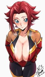 Rule 34 | 1girl, absurdres, areola slip, black bodysuit, blue eyes, blush, bodysuit, breasts, breasts squeezed together, cleavage, code geass, cowboy shot, dated, gloves, highleg, highleg leotard, highres, kouzuki kallen, large breasts, leotard, looking at viewer, mecha pilot suit, open bodysuit, open clothes, paid reward available, red bodysuit, red gloves, red hair, shiny skin, short hair with long locks, signature, simple background, solo, standing, sweat, thigh gap, two-tone bodysuit, white background, wide hips, yoo tenchi