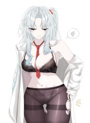 1girl angelica_(project_moon) between_breasts blue_hair breasts brown_pantyhose closed_eyes coat highres lab_coat library_of_ruina lobotomy_corporation navel necktie necktie_between_breasts pantyhose pon_peop project_moon red_necktie simple_background solo white_background