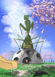 1girl absurdres antennae armald0 blood cherry_blossoms cloud commentary falling_petals grass highres original oversized_insect petals playground praying_mantis slide swing