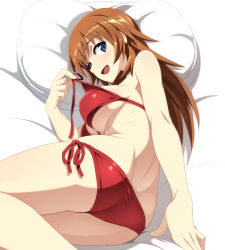 Rule 34 | 1girl, ass, bikini, blue eyes, blush, breasts, brown hair, charlotte e. yeager, commentary request, large breasts, long hair, looking at viewer, nanashino, open mouth, pillow, red bikini, side-tie bikini bottom, smile, solo, strike witches, swimsuit, world witches series