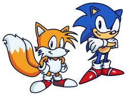 Rule 34 | 2boys, animal ears, animal nose, closed mouth, crossed arms, fox boy, fox ears, full body, gloves, looking at viewer, male focus, multiple boys, multiple tails, red shoes, shoes, simple background, smile, sonic (series), sonic the hedgehog, tail, tails (sonic), two tails, white gloves, y3