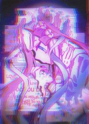 1girl blue_bow blue_eyes blue_hair bow chinese_commentary chouzetsusaikawa_tenshi-chan chromatic_aberration commentary_request dissolving english_text from_side glitch hair_bow hands_up heavy_chromatic_aberration highres long_hair long_sleeves looking_down mai_mai multicolored_hair multiple_hair_bows needy_girl_overdose pill pink_bow pink_hair profile quad_tails sailor_collar solo text_background upper_body window_(computing)