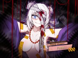 bandaged_head bandages bare_shoulders blue_eyes breasts covered_erect_nipples e.g.o_(project_moon) english_text faust_(project_moon) grey_hair highres large_breasts limbus_company looking_at_viewer manli medium_hair one_eye_covered project_moon smile