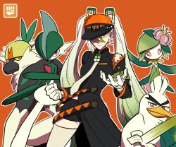 1girl black_coat clenched_hand closed_mouth coat commentary_request fighting_miku_(project_voltage) gallade gen_4_pokemon gen_7_pokemon gen_8_pokemon gloves green_hair hair_between_eyes hat hatsune_miku hisuian_lilligant korean_commentary long_hair multicolored_hair necktie nenemddin nintendo orange_background orange_headwear passimian pokemon pokemon_(creature) project_voltage safety_pin simple_background sirfetch&#039;d thighhighs twintails very_long_hair vocaloid white_gloves white_hair white_thighhighs