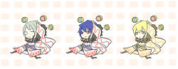 Rule 34 | 3boys, argyle cape, argyle clothes, argyle shirt, arm up, beatmania iidx, bemani, black pants, blonde hair, blue hair, cape, closed eyes, closed mouth, commentary request, detached sleeves, full body, fur collar, gingham background, green hair, looking at viewer, male focus, monocle, multiple boys, pants, picojan w, ragnarok online, red eyes, round eyewear, shirt, short hair, smile, smooooch, sorcerer (ragnarok online), waist cape, white cape, white shirt, white sleeves, yellow eyes