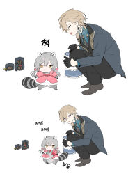 1boy 1girl = animal_ears aventurine_(honkai:_star_rail) blonde_hair critter_pick_(honkai:_star_rail) dal-gi dress grey_hair highres honkai:_star_rail honkai_(series) human_head korean_text long_hair low_twintails pink_dress raccoon_ears raccoon_girl raccoon_tail short_hair simple_background squatting stelle_(honkai:_star_rail) tail tearing_clothes torn_clothes trailblazer_(honkai:_star_rail) translation_request twintails white_background yellow_eyes