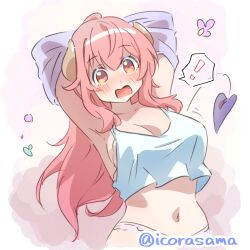 ! 1girl blue_camisole blue_shirt breasts camisole cleavage commentary_request demon_girl demon_horns demon_tail horns icorasama large_breasts long_hair looking_at_viewer machikado_mazoku navel open_mouth panties red_eyes red_hair shirt solo spoken_exclamation_mark tail twitter_username underwear undressing white_panties yoshida_yuuko_(machikado_mazoku)