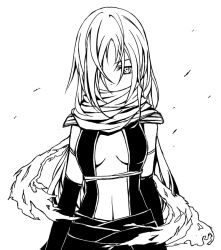 1girl assassin_cross_(ragnarok_online) breasts breasts_apart commentary_request greyscale hair_between_eyes hair_over_one_eye leotard lineart long_bangs long_hair looking_at_viewer medium_breasts monochrome nagioka navel ragnarok_online revealing_clothes scarf simple_background solo torn_clothes torn_scarf upper_body