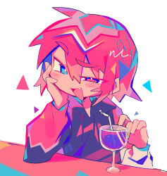 1boy blue_eyes blush_stickers bright_pupils commentary_request cup drawstring drinking_glass drinking_straw eyes_visible_through_hair fang hair_between_eyes hand_on_own_cheek hand_on_own_face heterochromia highres hood hoodie long_sleeves male_focus mouth_outside_face open_mouth original pink_eyes pink_hair pink_hoodie raito-kun_(uenomigi) short_hair smile solo tsurime uenomigi uneven_eyes upper_body white_pupils