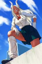 Rule 34 | 1girl, animal ears, black shoes, blue sky, boku no hero academia, bow, bowtie, breasts, building, cloud, commentary, dark-skinned female, dark skin, english commentary, from behind, gloves, green skirt, hand on own hip, hand on own thigh, hitomazuk, large breasts, leaning forward, ledge, long eyelashes, long hair, looking to the side, loose bowtie, loose socks, mirko, parted bangs, pleated skirt, rabbit ears, rabbit girl, red bow, red bowtie, red eyes, school uniform, shirt, shirt tucked in, shoes, skirt, sky, sleeves rolled up, smile, socks, solo, thighs, very long hair, white gloves, white hair, white shirt, white socks