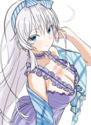 Rule 34 | 1girl, alternate costume, bare shoulders, blue bow, blue eyes, blue hairband, blunt ends, blush, bow, breasts, choker, cleavage, closed mouth, colored eyelashes, cowboy shot, dress, frilled choker, frilled dress, frills, from side, hair between eyes, hair bow, hairband, hand up, large breasts, long hair, looking at viewer, naruse shiroha, purple choker, purple dress, sidelocks, simple background, sketch, sleeveless, sleeveless dress, smile, solo, split mouth, summer pockets, very long hair, white background, white eyelashes, white hair, zenoo
