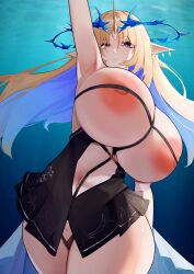 1girl absurdres alternate_breast_size arm_up armpits black_dress blonde_hair blue_eyes breasts commentary commentary_request covered_erect_nipples cowboy_shot crown_of_thorns dress english_commentary fleurdelys_(wuthering_waves) floating_hair highres horns huge_breasts jiang_(kplrt_07) long_hair mixed-language_commentary navel nipples paid_reward_available partial_commentary pointy_ears short_dress single_horn variant_set wide_hips wuthering_waves