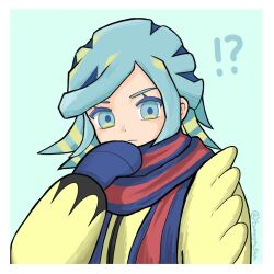 !? 1boy aqua_eyes aqua_hair blue_mittens blue_scarf border commentary_request green_background grusha_(pokemon) hand_up highres jacket long_sleeves looking_down male_focus mittens nintendo pokemon pokemon_sv scarf solo striped_clothes striped_scarf tunaya_san upper_body white_border yellow_jacket