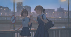 Rule 34 | 2girls, ^ ^, absurdres, backlighting, backpack, bag, belt, belt buckle, black bag, black belt, black bow, black ribbon, blue dress, blue eyes, blue skirt, bow, bridge, brown hair, buckle, building, cat ornament, cityscape, closed eyes, collared shirt, curtained hair, dress, evening, film grain, food, gradient sky, hair between eyes, hair bow, hand up, highres, holding, holding food, holding ice cream, holding ice cream cone, hyxifeng, ice cream, ice cream cone, lamppost, looking ahead, mint chocolate, multiple girls, open mouth, original, outdoors, pedestrian bridge, pinafore dress, pleated skirt, ponytail, railing, ribbon, road sign, scenery, shirt, short hair, short ponytail, short sleeves, shoulder bag, sidelocks, sign, skirt, sky, sleeveless, sleeveless dress, smile, teeth, twilight, upper teeth only, walking, white shirt, wing collar