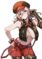 1girl alisa_ilinichina_amiella areola_slip arm_up armpits asymmetrical_gloves bare_shoulders black_boots black_gloves black_vest blue_eyes blush boots breasts brown_hair brown_pantyhose newsboy_cap cleavage closed_mouth commentary_request cowboy_shot cropped_vest fingerless_gloves gloves god_eater hat head_tilt highres long_sleeves looking_at_viewer medium_hair miniskirt navel pantyhose plaid_clothes plaid_skirt red_hat red_skirt simple_background skirt smile solo suspender_skirt suspenders sweat syunzou thigh_boots vest white_background