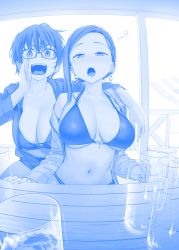 2girls alcohol arm_around_shoulder asymmetrical_hair beach_umbrella beer beer_mug bikini blue_theme breasts cleavage commentary_request cup drinking_glass drunk earrings foam getsuyoubi_no_tawawa glasses highres himura_kiseki holding hood hoodie jacket jacket_over_swimsuit jewelry kouhai-chan_(tawawa) large_breasts light_blush looking_at_viewer medium_hair mole mole_under_eye mug multiple_girls navel open_clothes open_jacket open_mouth pov railing rikei-chan_(tawawa) short_hair sitting squeans sweat swimsuit table trembling umbrella wooden_table
