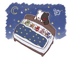 30en_(esx5g) bed blanket crescent danganronpa:_trigger_happy_havoc danganronpa_(series) danganronpa_v3:_killing_harmony grin heterochromia highres monodam monokid monokuma monophanie monosuke monotaro_(danganronpa) night red_eyes smile spacecraft star_(symbol) star_print teeth