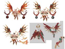 1girl absurdres alternate_color bird breasts brown_eyes brown_hair detached_sleeves dress feathered_wings fiery_wings flat_color full_body highres medium_breasts reference_sheet solo starward thighhighs white_background white_dress wings zhu_fun