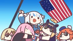 2024_attempted_assassination_of_donald_trump 5girls american_flag arm_up blonde_hair blue_background blush_stickers chibi chibi_only clenched_hand commentary english_commentary fang gawr_gura gawr_gura_(1st_costume) gradient_background highres hololive hololive_english holomyth meme mori_calliope multiple_girls ninomae_ina&#039;nis ninomae_ina&#039;nis_(1st_costume) open_mouth orange_hair parody pink_hair simple_background smile solid_circle_eyes sunglasses takanashi_kiara takeru_(hashiru11275) virtual_youtuber watson_amelia white_hair