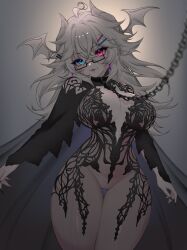 1girl absurdres ahoge aruna_reaver atelier_emilie black_cape black_nails blue_eyes breasts cape chain chain_leash chronopattern_dress demon_horns earrings fang glasses hair_ornament hairpin head_wings highres horns indie_virtual_youtuber jewelry large_breasts leash lips long_hair meme_attire nail_polish official_alternate_hair_color pink_eyes rectangular_eyewear solo thigh_gap viewer_holding_leash virtual_youtuber white_hair white_horns white_wings wings