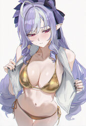 1girl absurdres ahoge amiki_yuzuru bikini black_nails blush bow breasts collarbone commentary drill_hair drill_sidelocks embarrassed english_commentary foreshortening golden_week_bikini highres large_breasts long_hair mole mole_under_eye multicolored_hair navel open_clothes open_shirt pointy_ears purple_hair red_eyes shirt side-tie_bikini_bottom sidelocks solo standing streaked_hair sweat swimsuit thigh_gap two-tone_hair vivian_banshee white_background zenless_zone_zero