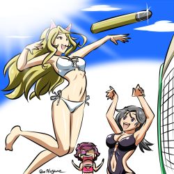 3girls :d animal_ears bikini black_one-piece_swimsuit blonde_hair blue_sky breasts cat_ears clothing_cutout cloud cloudy_sky commentary day eyepatch fake_animal_ears food freckles fruit girls_und_panzer grey_hair hairband jaw_drop jumping kogane_(staygold) long_hair looking_at_another lowres medium_breasts momogaa_(girls_und_panzer) multiple_girls navel navel_cutout nekonyaa_(girls_und_panzer) no_eyewear one-hour_drawing_challenge one-piece_swimsuit open_mouth outdoors peach pink_bikini pink_hairband piyotan_(girls_und_panzer) ponytail red_hair shaded_face side-tie_bikini_bottom sky smile sparkle spiking standing strapless strapless_bikini swimsuit tank_shell twitter_username volleyball_net white_bikini
