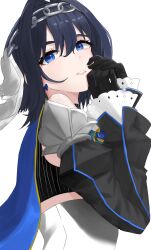 Rule 34 | 1girl, absurdres, black gloves, black hair, black sleeves, blue cape, blue eyes, blue gemstone, bow, bow earrings, cape, chain, chain headband, chinu (nvtc2224), detached sleeves, earrings, from side, gem, gloves, heart-shaped gem, highres, hololive, hololive english, jewelry, looking at viewer, medium hair, ouro kronii, ouro kronii (1st costume), parted lips, simple background, solo, veil, virtual youtuber, white background