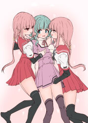 3girls black_thighhighs blush braid clone clone_harem futaba_sana green_eyes green_hair groping highres hime_cut kamihama_university_affiliated_school_uniform magia_record:_mahou_shoujo_madoka_magica_gaiden mahou_shoujo_madoka_magica mizuna_girls&#039;_academy_school_uniform multiple_girls pink_hair purple_thighhighs red_eyes sakaemdg school_uniform shy tamaki_iroha thighhighs yuri