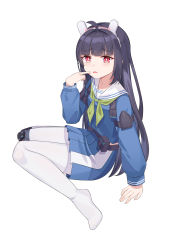 Rule 34 | 1girl, absurdres, animal ears, black hair, blue archive, blue shirt, blue skirt, artistic error, fake animal ears, full body, headband, highres, knee pads, long hair, long sleeves, magmagme, miyu (blue archive), no shoes, open mouth, pantyhose, pink eyes, rabbit ears, sailor collar, school uniform, shirt, simple background, single knee pad, sitting, skirt, solo, wariza, white background, white pantyhose, wrong hand