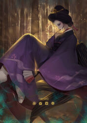 Rule 34 | 1girl, absurdres, artist name, black hair, blue eyes, closed mouth, commentary, english commentary, eyelashes, eyeshadow, geisha, hair ornament, hair stick, hand fan, highres, holding, holding fan, instagram logo, japanese clothes, kanzashi, kimono, lips, lipstick, looking at viewer, makeup, marumage, nico robin, nico robin (wano), official alternate costume, one piece, pale skin, patreon logo, purple kimono, rain wzq, realistic, red lips, smile, solo, twitter logo, watermark, weibo watermark