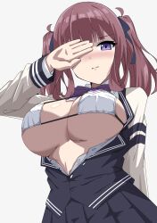 Rule 34 | 1girl, blush, bow, breasts, breasts out, brown hair, commentary request, flustered, hair ribbon, highres, jacket, large breasts, long hair, long sleeves, micro bra, natsuki karin, nittou cafe, one eye covered, partially unbuttoned, pleated skirt, purple bow, purple eyes, ribbon, school uniform, simple background, skirt, solo, sweater vest, synthesizer v, twintails, white background