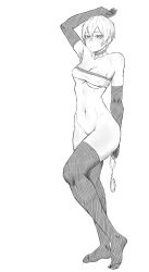 1girl absurdres arm_up bandeau bottomless breasts choker commentary_request covered_erect_nipples cuffs elbow_gloves full_body gloves greyscale handcuffs hatching_(texture) highres holding holding_handcuffs medium_breasts mishislover monochrome original short_hair solo spanish_commentary thighhighs